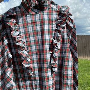 Vintage 80s high neck ruffle plaid button front shirt